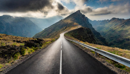 Black asphalt tarmac road leading through mountain ridge, AI generated imageの写真素材