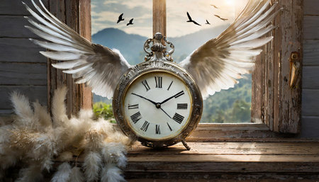 Alarm clock with wings against window, time flies concept, AI generated imageの写真素材