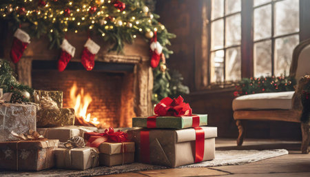 Christmas gifts under Christmas tree with fireplace in background, cozy warm interior, AI generated imageの写真素材
