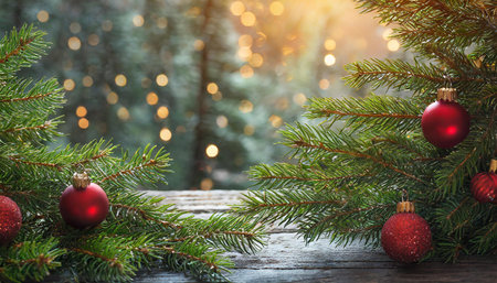 Christmas tree branch with baubles with blurred bokeh background, AI generated imageの写真素材