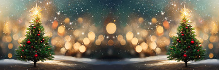 Christmas tree on snow decorated with baubles with bokeh lights in background, AI generated imageの写真素材
