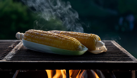 Close up on corn on the cob cooking on the grill, AI generated imageの写真素材