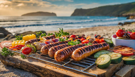 Close-up on grill with sausages and vegetables made on beach with sea in background, AI generated imageの写真素材