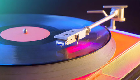 Closeup on vinyl record on record player with tonearm, AI generated image