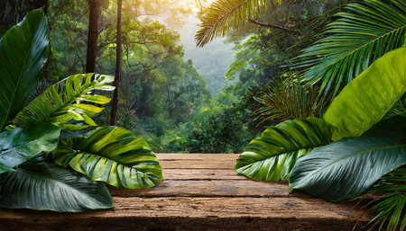 Tropical leaves around old wooden plank with tropical forest in background, AI generated imageの写真素材