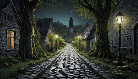 Perspective of cobblestone road with trees lined on both sides leading toward small town, AI generated imageの写真素材