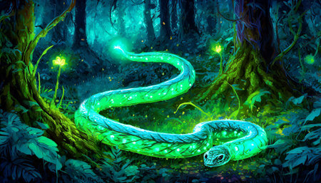 glowing electric snake creep through the forest bed