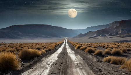 Dirty road leading through dry valley with large moon at the endの写真素材