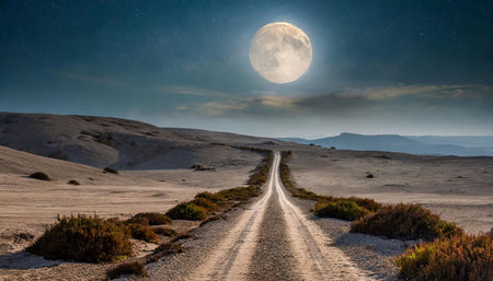Dirty road leading through dry valley with large moon at the endの写真素材
