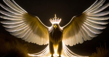 Eagle with large stretched out wings and crown on head, AI generated imageの写真素材