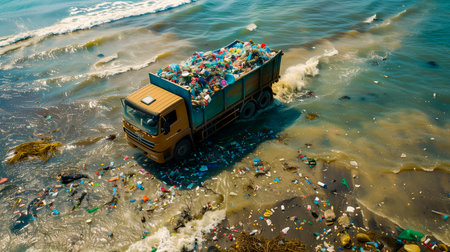 Truck full loaded with plastic waste on a beach take waste out or bring to unload waste to the sea, plastic in seas and oceans pollution of nature concept, AI generated imageの写真素材