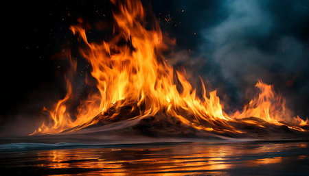 Fire flame waves on dark background, AI generated image