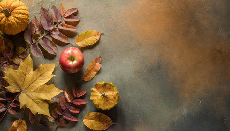 Flat lay background with copy space and autumn leaves, AI generated image
