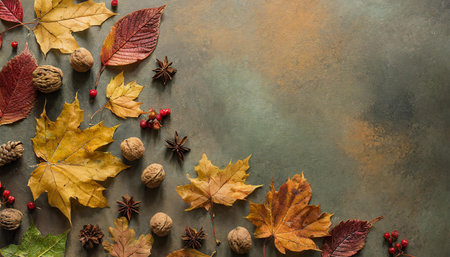Flat lay background with copy space and autumn leaves, AI generated image