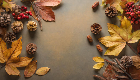 Flat lay background with copy space and autumn leaves, AI generated imageの写真素材