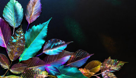 Flat lay background with copy space and autumn leaves, AI generated image