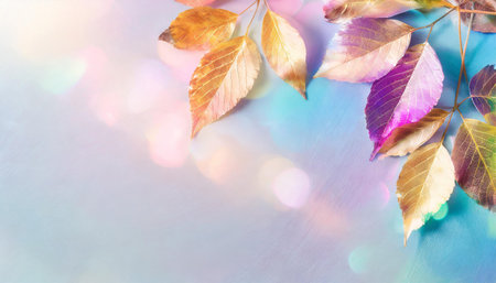 Flat lay background with copy space and autumn leaves, AI generated imageの写真素材