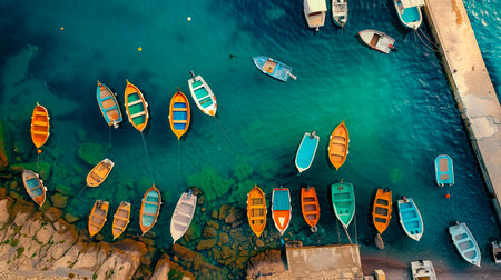 An aerial view of a sea shore with many different fishing boats and pier on turquoise water, AI generated imageの写真素材