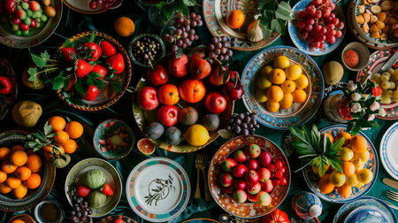 flat lay image of table with plates vases of ripe fruits on table, antique rome style feast, AI...