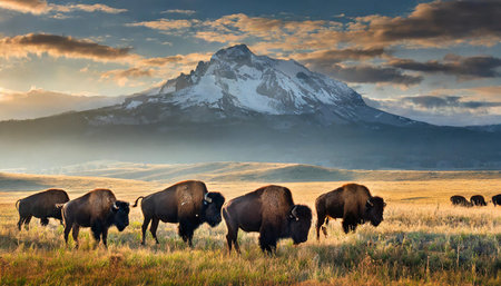 A majestic herd of bison grazes in a field with a dramatic mountain backdrop and a sunset skyの写真素材