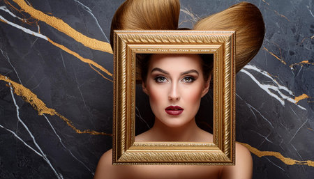 Woman with a golden frame in front of her face on a dark marble background, AI generated imageの写真素材