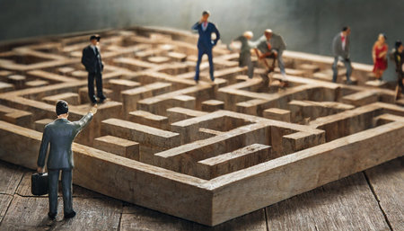 Businessman standing in front of a maze and point with finger on one of people in the maze, AI generated imageの写真素材