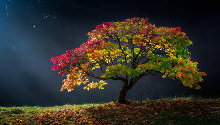 Single tree with multicolored autumn foliage on dark background, AI generated imageの写真素材