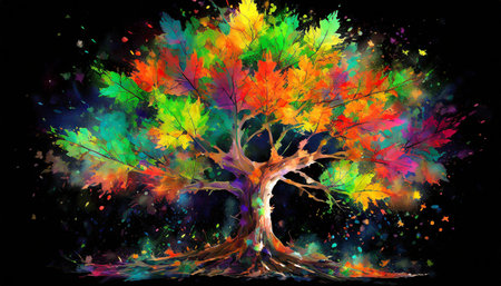 Single tree with multicolored autumn foliage on dark background, AI generated imageの写真素材