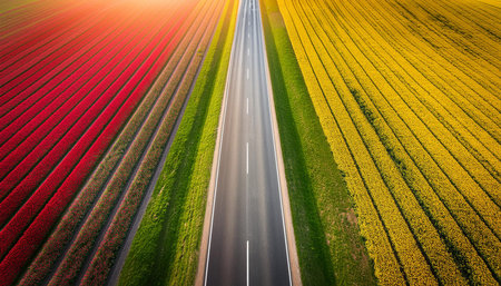 Elevated view on asphalt road runs through field full of colorful blooming flowers at the spring, AI...