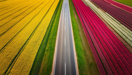Elevated view on asphalt road runs through field full of colorful blooming flowers at the spring, AI generated imageの写真素材