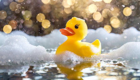 A yellow rubber duck floats on water surface in a bathtub full of foam and bubbles, AI generated imageの写真素材