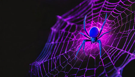 A vibrant image showcasing a spider in the center of a neon-colored, glowing spiderweb against a black background, AI generated imageの写真素材