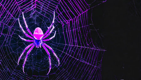 A vibrant image showcasing a spider in the center of a neon-colored, glowing spiderweb against a black background, AI generated imageの写真素材