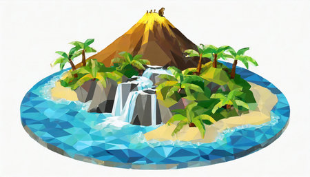 A low poly design featuring a tropical island with a volcano, waterfall, palm trees, and ocean, rendered in a modern artistic styleの写真素材