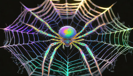 A vibrant image showcasing a spider in the center of a neon-colored, glowing spiderweb against a black background, AI generated imageの写真素材