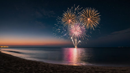 Fireworks illuminate the sky above a serene beach with ocean waves and coastal landscape at dusk, AI...