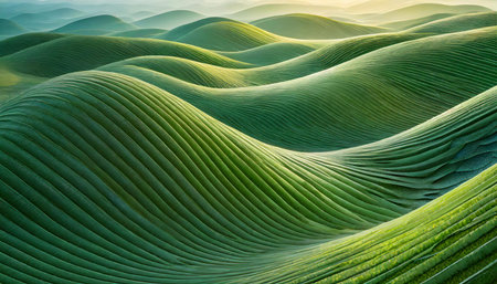An image of a serene, textured landscape with a pattern that resembles wavy, undulating hills in a monotone green hue, AI generated imageの写真素材