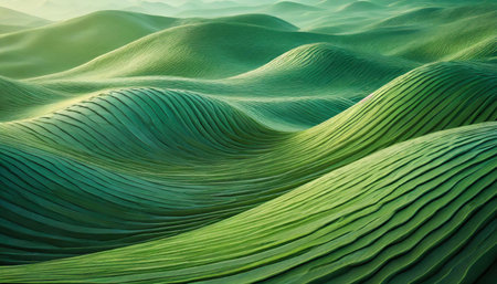 An image of a serene, textured landscape with a pattern that resembles wavy, undulating hills in a monotone green hue, AI generated imageの写真素材