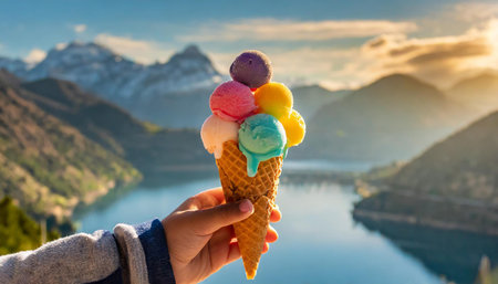 A hand presents a colorful ice cream cone against a backdrop of serene mountains and a lake during...