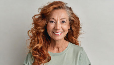 A cheerful middle-aged woman with curly red hair and a bright smile posing against a neutral...