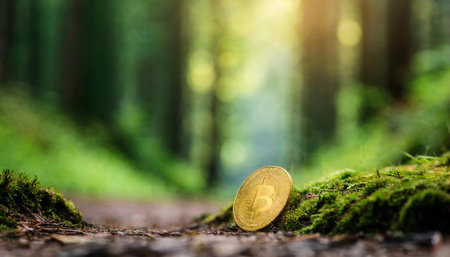 A selection of golden coins stands upright on a fertile forest floor, surrounded by verdant ferns...