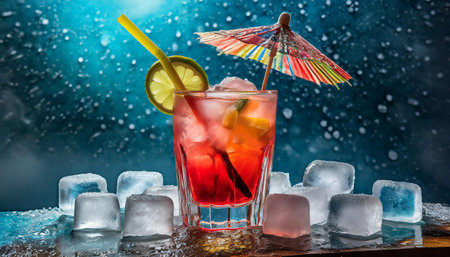 A vibrant iced tea cocktail adorned with a lime wedge and a tiny umbrella, placed on a bed of ice...