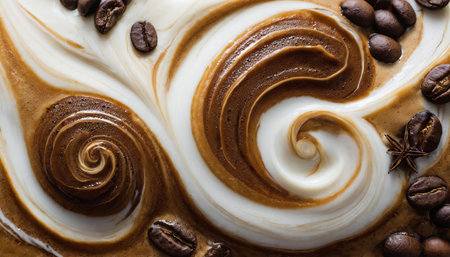 Top view of coffee beans on swirled mixture of coffee and milk creating an artistic pattern, AI...