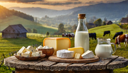 Variety of fresh dairy products on an old wooden table with cows and hills in the background, evoking a sense of tradition and purity, AI generated imageの写真素材