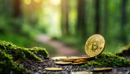A selection of golden coins stands upright on a fertile forest floor, surrounded by verdant ferns and organic debris, AI generated imageの写真素材