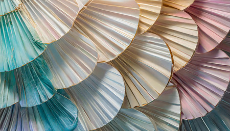 A vibrant display of colorful paper sheets arranged in a fan-like pattern, showcasing a spectrum of hues, AI generated imageの写真素材