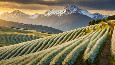 A stunning landscape showing lavender fields in the foreground with snowy mountains and a sunset in...
