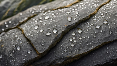 A macro photograph showcasing numerous glistening water droplets resting on the uneven surface of...