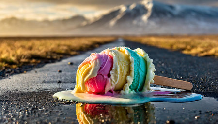 A vivid image of a dropped ice cream popsicle melting on hot asphalt foreground with mountains and...