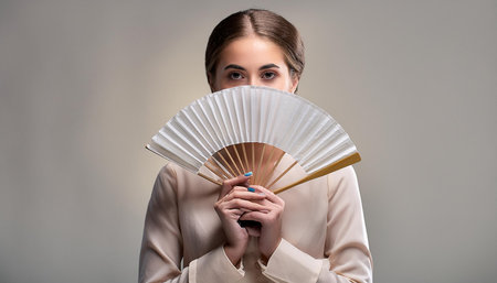 A young woman with flowing hair holds a traditional hand fan, adding a sense of elegance and mystery to her portrait, AI generated imageの写真素材